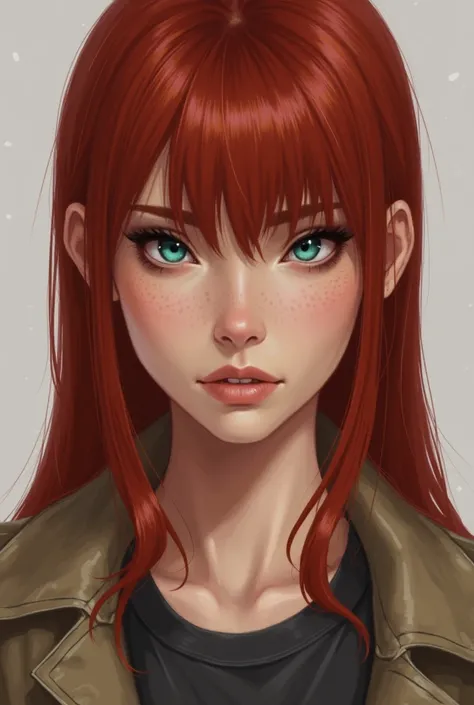 realistic drawing of a red-haired woman with straight hair and teal eyes with a serious face 