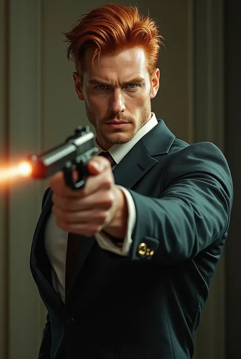 Handsome tall and strong red-haired spy dressed in a suit and tie armed and shooting