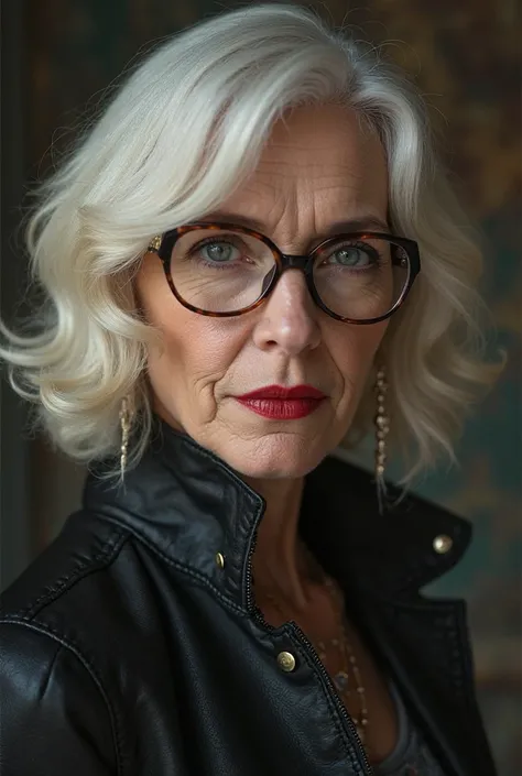  extreme leather detail, ultra  Realisticic, 8K,  wallpaper,  Realistic, (masterpiece, the best quality:1.2),  full body photo , a very attractive woman, 50 years old. Half-haired platinum blonde hair. blue eyes red lips . glasses. Very distinguished postu...