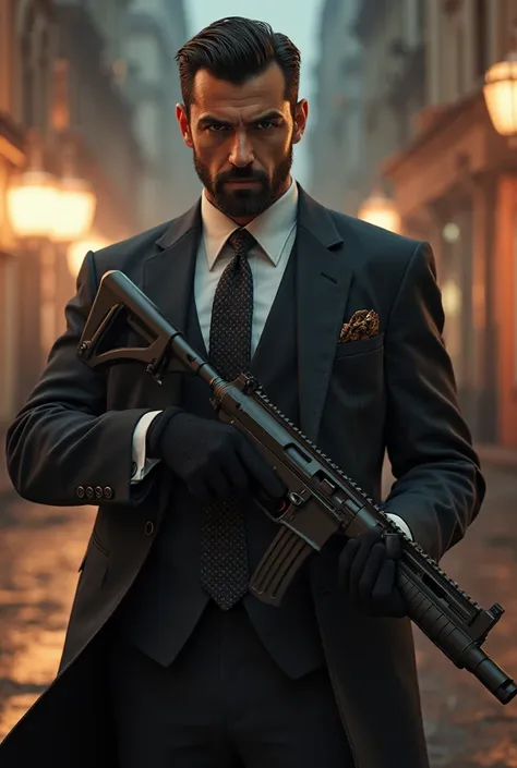 Tall and strong handsome Arab spy dressed in a suit and tie armed and shooting