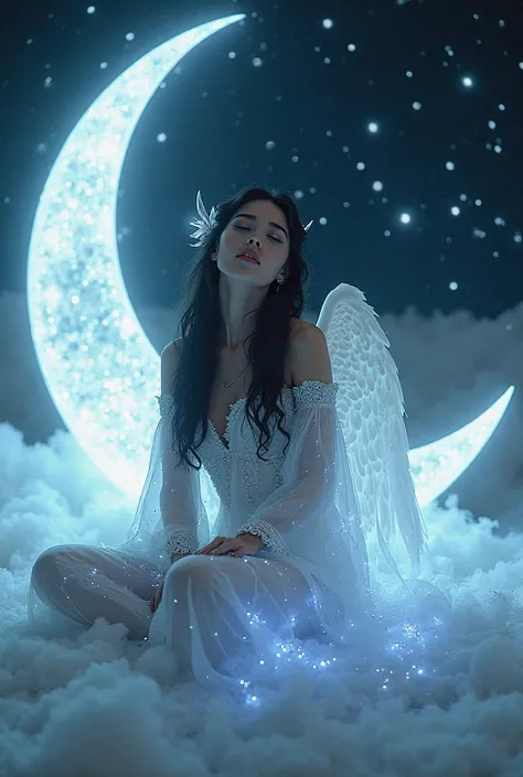 Realistic Beautiful woman and white wings with decorated with shiny accessories, jet black hair European features charming blue eyes nymph sitting on beautiful diamond clouds in a beautiful place with a bright glow diamond lights in a full diamond neon lig...