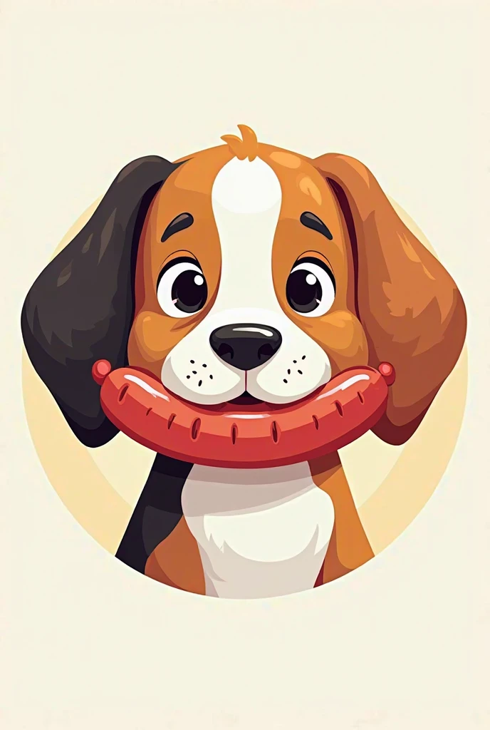 A beagle dog logo with a brown ear and a black ear with a large sausage in its mouth