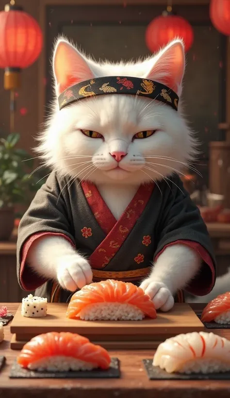 Cat Makes Sushi with Full Concentration
"A fluffy white cat wearing a black and red Japanese chef's kimono with a gold koi fish pattern. On his head , he wears a typical Japanese master sushi bandana. With a concentrated gaze, He uses his paws to roll sush...