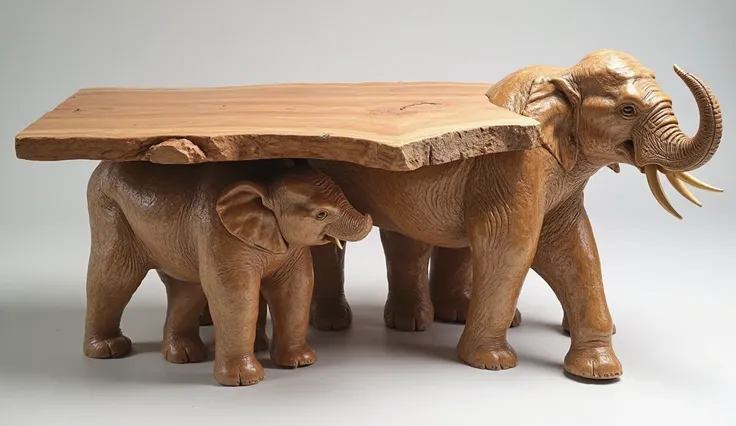 Create a highly detailed and realistic photo of a table crafted from a solid slab of wood, featuring an elephant's anatomy from 4 sides. The elephant's back is horizontally sliced to form the table top, with the wooden grain visible underneath. At the end ...