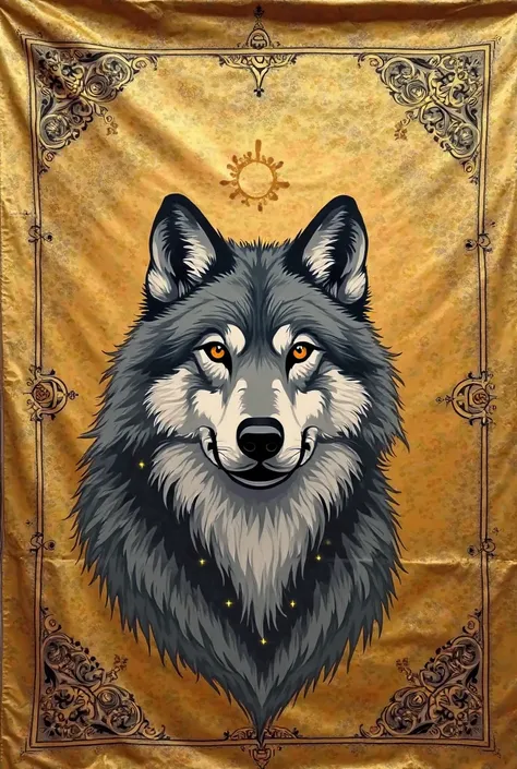 Let the banner be painted in a golden color. The center of the presence of a gray wolf will be colored. On the right and left sides are traditional decorations for the Turks. Above the center, there is a moon on the right side, on the left side of a symbol...