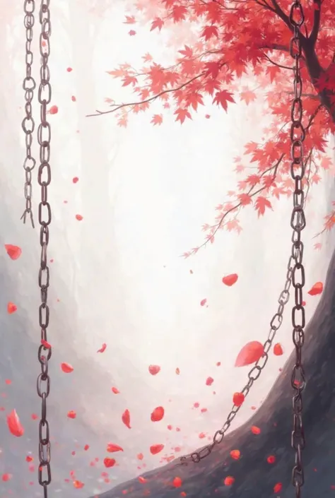 Background between white, translucent with red and black, not so dark with light rays as if it were trees with red leaves with red petals falling surrounded by chains. 