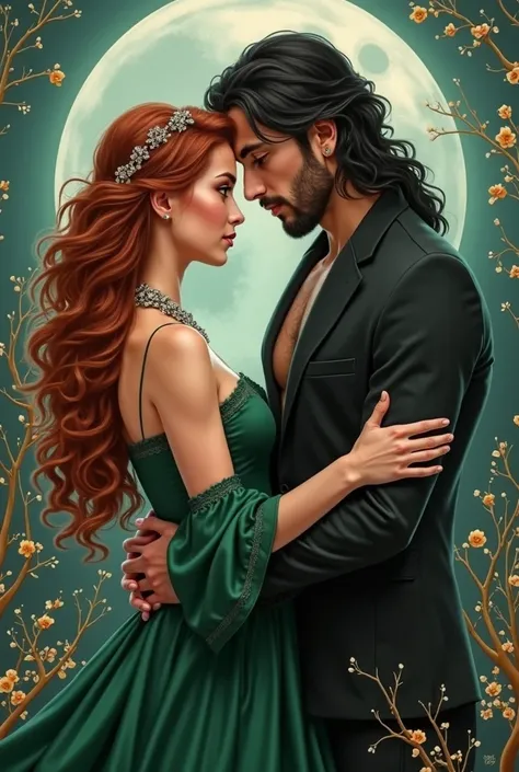 Make a cover for my book My Forbidden Mate, short, Light-skinned woman with forest green eyes, sweet look, thick lips, extremely long wavy auburn hair and a romantic green dress and a necklace like branches with white stones and a tall, copper-skinned masc...