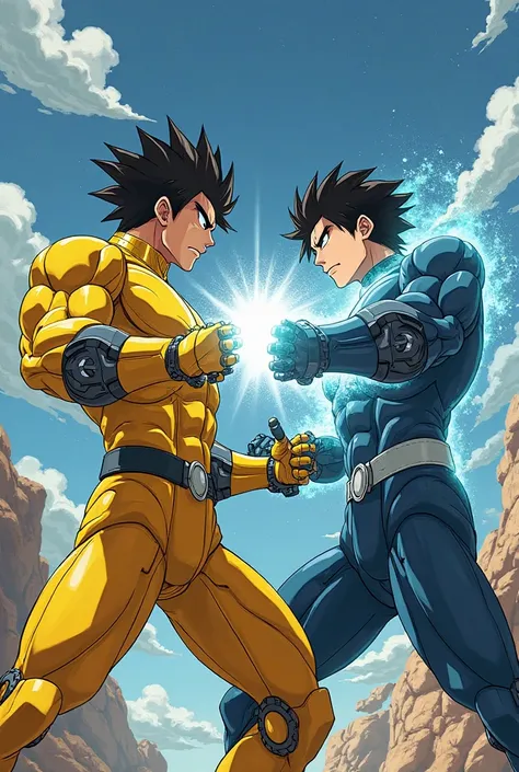 anime male character, punching, center of the image. one has robot arms wearing yellow suit, one has superpower arms