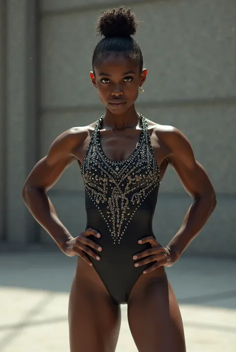 petite, sexy, and mean Black gymnast posing in spangled leotard