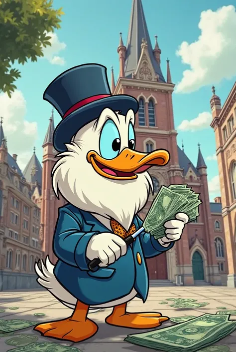 Can you create a cartoon picture of Dagobert Duck in front of a church inspecting banknotes with a loupe