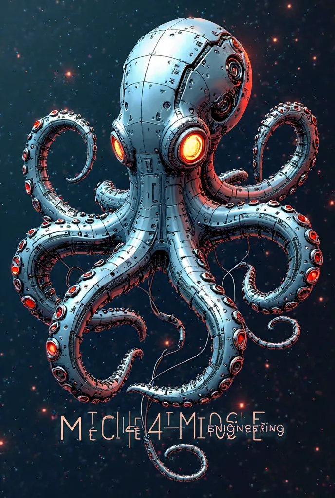 Make a t-shirt with the following print:a futuristic octopus, built entirely with smooth and shiny metal parts. Its structure is composed of titanium plates and advanced metal alloys, with exposed mechanical joints. Its eyes shine brightly with blue or red...