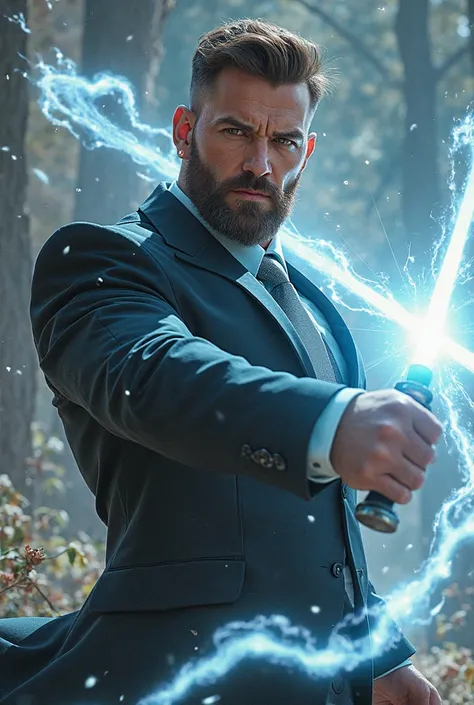  handsome man , tall and loud, white,  with short brown hair ,  short beard, wearing a black suit with a light blue shirt and silver tie, throwing a sabre with white light magic in combat posture