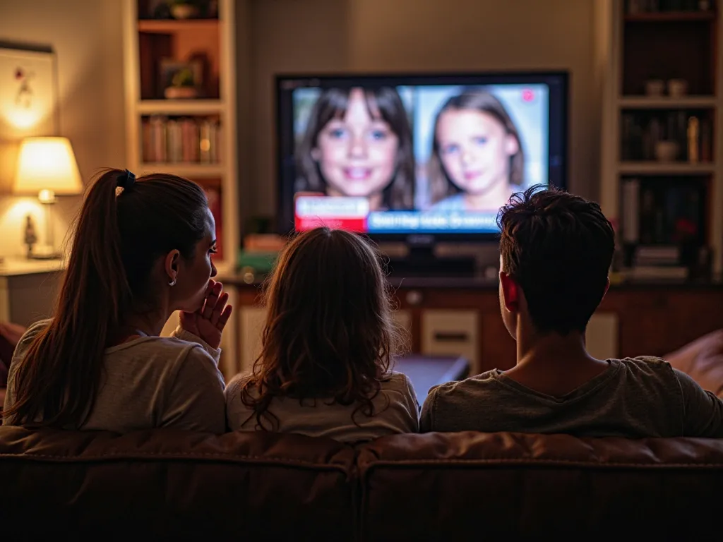 A family sitting in the living room with the television showing the photo of the missing girl. The mother covers his mouth with her hand, the father with his head down, While the news says "New clues about the Sabrina Aisenberg case."