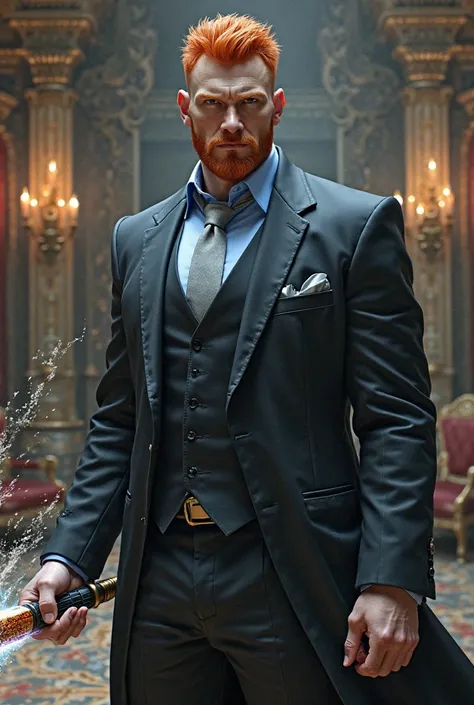 I bet, tall and strong white man with short red hair and short beard, wearing a black suit with a light blue shirt and silver tie,Cutting with a sabre with elemental magic  