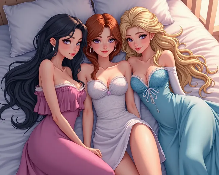 Draw art three girls are lying on the bed dressed in dresses put the cartoon Frozen one of the nicks is black-haired gray-eyed breast beauty and the remaining two girls are Anna and Elsa out of the cold heart, all about 20 years old, gorgeous ripe fit bodi...