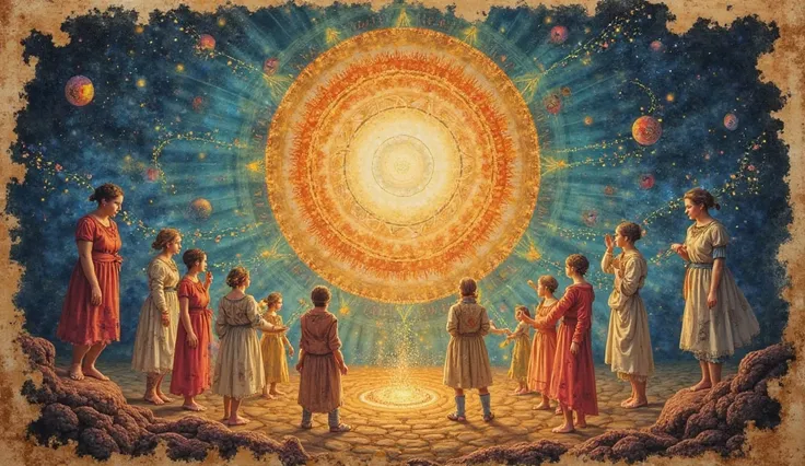 (A Leonardo da Vinci style drawing, colorful polychromatic , on old, yellowed paper, What does it portray with burnt edges:) a circle of light where souls come together before their next incarnation.