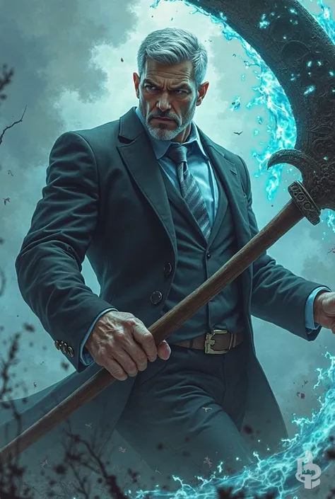  handsome man , tall and loud, white, with short gray hair,  short beard,  black suit, light blue shirt and silver tie, slashing his enemy with a scythe with elemental magic  