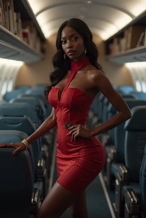 sexy dark-skinned Black flight attendant in miniskirt
