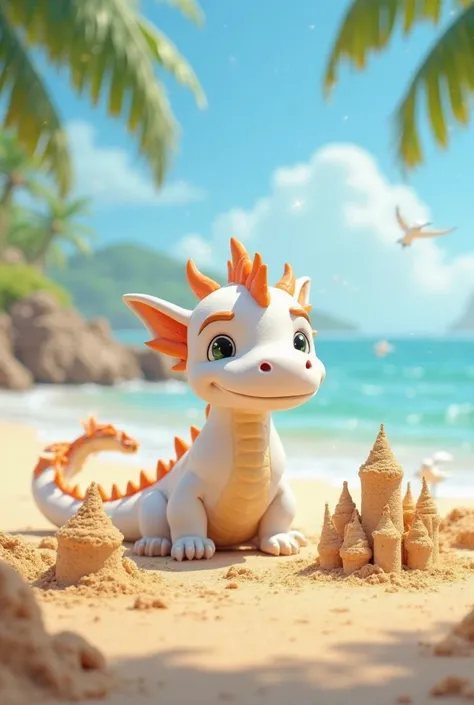 Video about a white man ,of a cartoon dragon . How he plays in the sand 