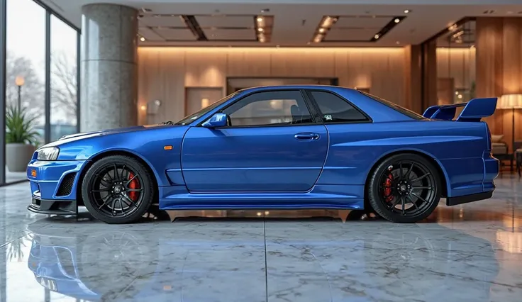 "Create a hyper-realistic image of the Nissan Skyline GT-R R34, captured from a perfectly centered side view in a luxurious showroom. The car should have a sleek blue exterior with subtle black accents, emphasizing its aerodynamic and high-performance desi...