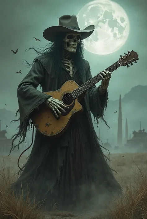 A realistic image of a ghoulish cowboy playing the guitar
