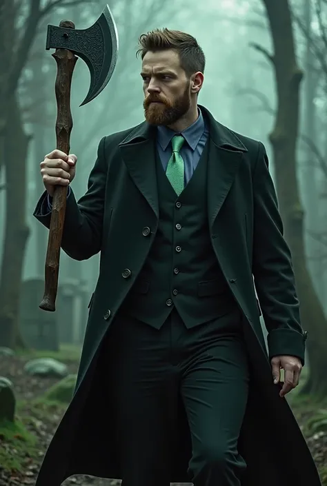 Handsome white man with short brown hair and short beard, tall and loud, wearing a black coat and a three-piece black suit with a dark blue shirt and light green tie , brandishing a magic axe in combat posture in a terrifying graveyard 