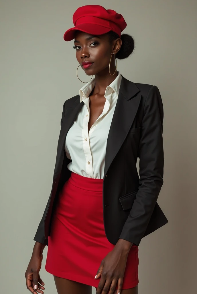 sexy dark-skinned Black woman in flight attendant uniform with red cap, blazer, and miniskirt, and white shirt