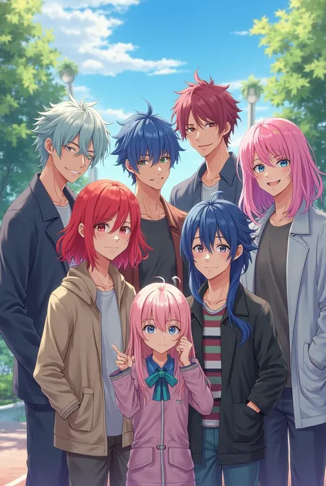 I created a group of friends of seven people with three builders, four males, and each one dyes their hair in the style of school anime