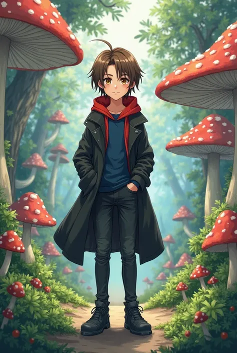 Short Brown Hair, Sixteen Years Old, Honey colored eyes, Light Skin, Black Long Coat, Dark Blue Shirt, Red Hood, Black Jeans Pants, Black Shoes, Mushroom Forest Background, Anime.