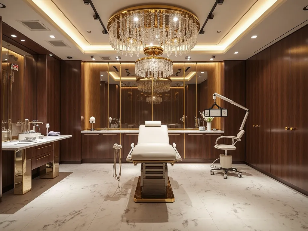 "A luxurious operating room,  logo, with state-of-the-art equipment and details in noble materials such as marble, dark wood and gold metals.  The lighting is soft, but strategic, with crystal chandeliers and lights embedded in the ceiling that create an e...