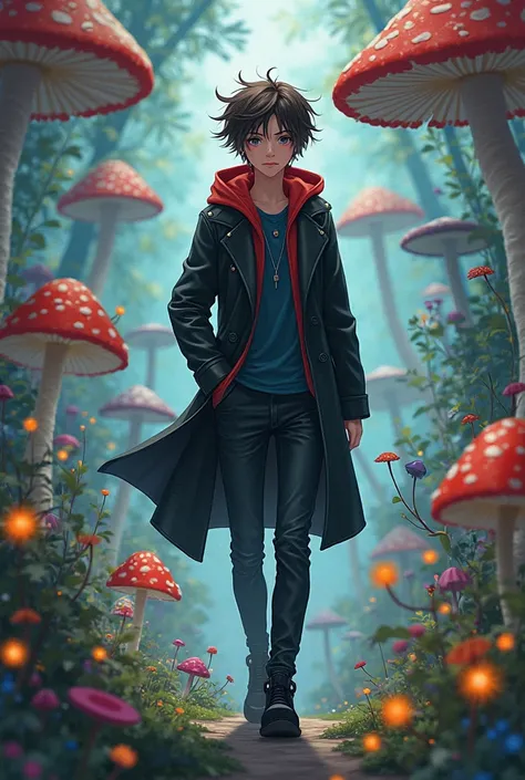 Short Brown Hair, Adult, Honey colored eyes, Light Skin, Black Long Coat, Dark Blue Shirt, Red Hood, Black Jeans Pants, Black Shoes, Mushroom Forest Background, Anime.