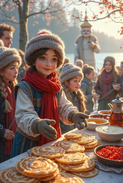 Create a bright scene on the theme of Russian Maslenitsa. In the foreground, depict a woman with a round, rosy face, dressed in a Pavlovo Posad scarf, a zipun, and a sable fur hat. She has mittens on her hands. She stands behind a round table covered with ...