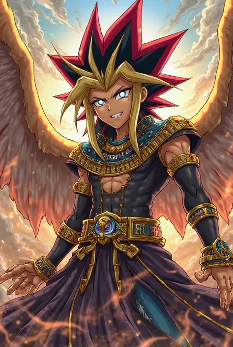 A powerful Yu-Gi-Oh! character in an epic, anime-style illustration. The character has spiky hair, glowing eyes, and wears an elaborate, mystical Egyptian-inspired outfit with gold accents. 