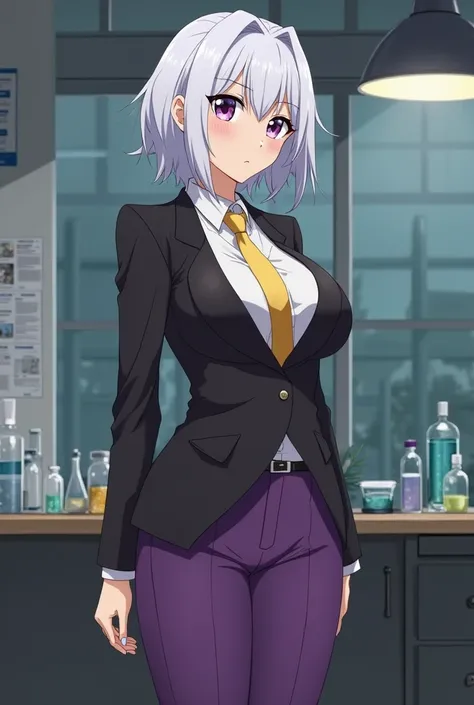 mature, and a defining milf, very large breast, very large waist, very large ass, and voluptuous at the right places. She has short shiny white hair, and beautiful purple eyes. She wears a tight purple and tie, which tightens her sexy body. A black tuxedo ...