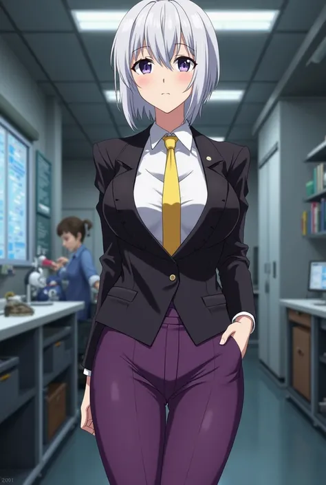 mature, and a defining milf, very large breast, very large waist, very large ass, and voluptuous at the right places. She has short shiny white hair, and beautiful purple eyes. She wears a tight purple and tie, which tightens her sexy body. A black tuxedo ...