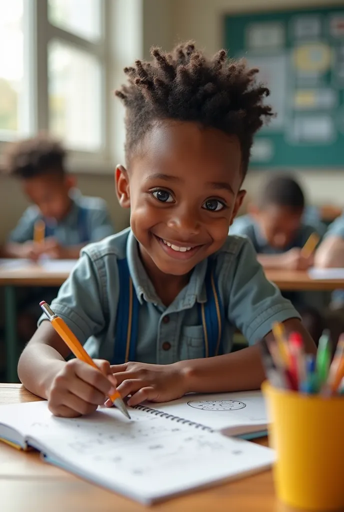 Create a realistic very young black male student enjoying maths 