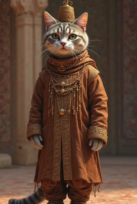 Create an image of a male cat wearing Pakistani brown shalwar kameez 