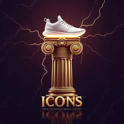 A square logo design blending ancient mythology and modern fashion. The centerpiece is a Greek column (ancient) with a glowing white sneaker on top (modern). The column is gold-colored with intricate carvings, and the sneaker has minimalist futuristic deta...