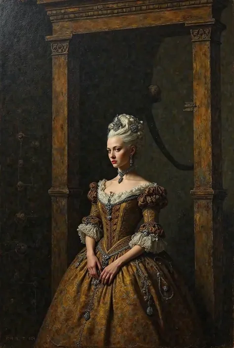 Marie Antoinette staring intently at the guillotine 