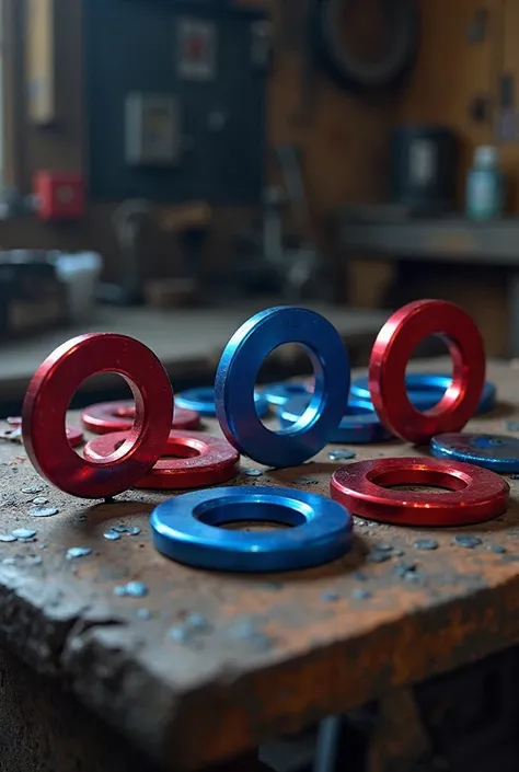 Anodized washers in red color, blue, On a bench to repair motorcycle feet 