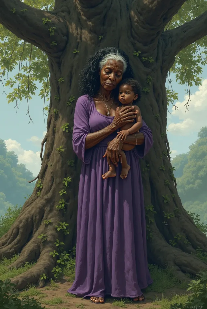 Elderly black lady , wearing a purple dress, Standing at the foot of a big tree,  crying a lot,  with an expression of sadness , holding a baby black boy in his arms. 