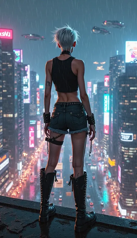 Woman with short white hair wearing punk clothes, short shorts, black high boots, ON YOUR BACK watching a Cyberpunk city at night and in the rain 