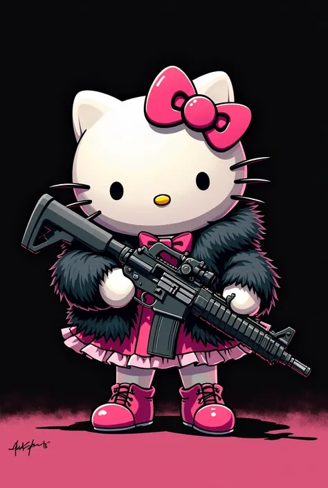 Hello Kitty 2d with black fur and pink clothes holding a rifle and black background