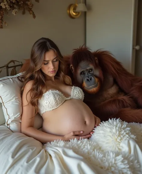 Creating a hyperrealistic analog image on the bridal bed in bed, Jane Porter is very pregnant with 8-month-old Big Belly lying next to a Bornean orangutan. She is beautiful Caucasian ,  brown hair,  pretty, 24 years old, inviting,  with huge breasts,   vol...