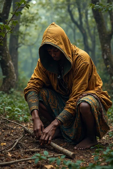 A person collecting firewood a figure in a hooded cloak bending down to pick up stick and branches in a dense Forrest add realistic panting with Ebu tribe Nigeria Yoruba attire