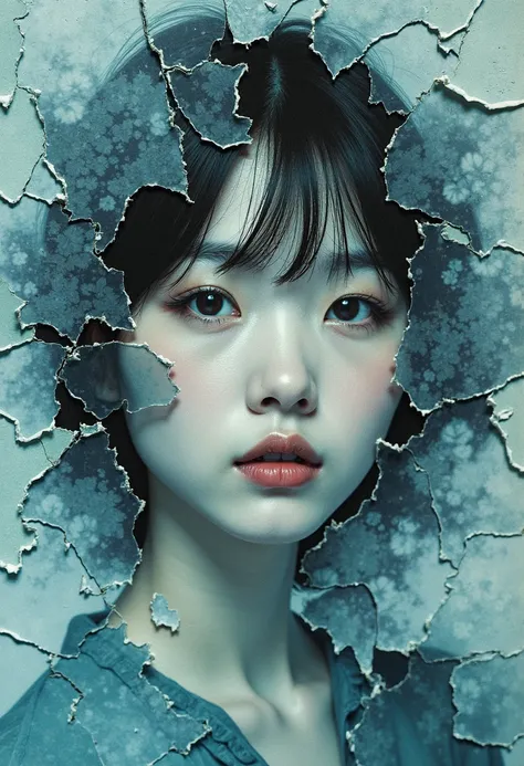 Portrait of a young Japanese woman, fragmented in photographic collage on deteriorated old paper. Hyperrealistic mixed technique where medium format analog photography merges with textures of aged teal-blue paper. Mosaic composition with broken pieces reve...