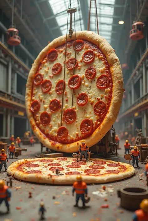 miniature people make giant pizzas with cranes and machines