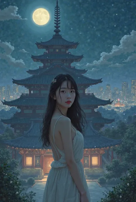 A Ghibli style picture.
Woman standing topless in front of temple.
Behind it is a big city .
The woman is Asian.
The full moon east in the sky.
The woman is facing the observer