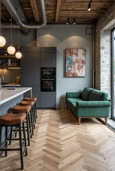 Generate an industrial and modern home photo with neutral tones, Internal view, Clear parquet not a fish list, kitchen with anthracite gray peninsula and anthracite gray columns, Ball pendant lights, leather-colored stools, forest green sofa, industrial fr...