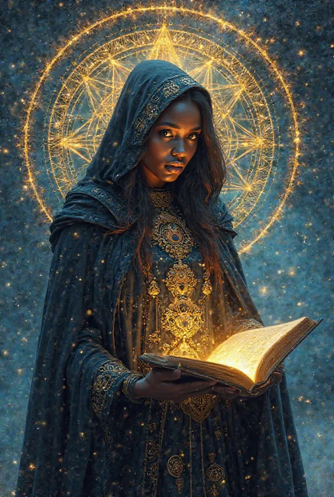 "Create a psychedelic image of a beautiful and enigmatic black-skinned witch with bright eyes, dressed in a black cloak detailed with ancient symbols, holding a luminous spellbook. Around you, a gold and blue energy field vibrates with power, representing ...